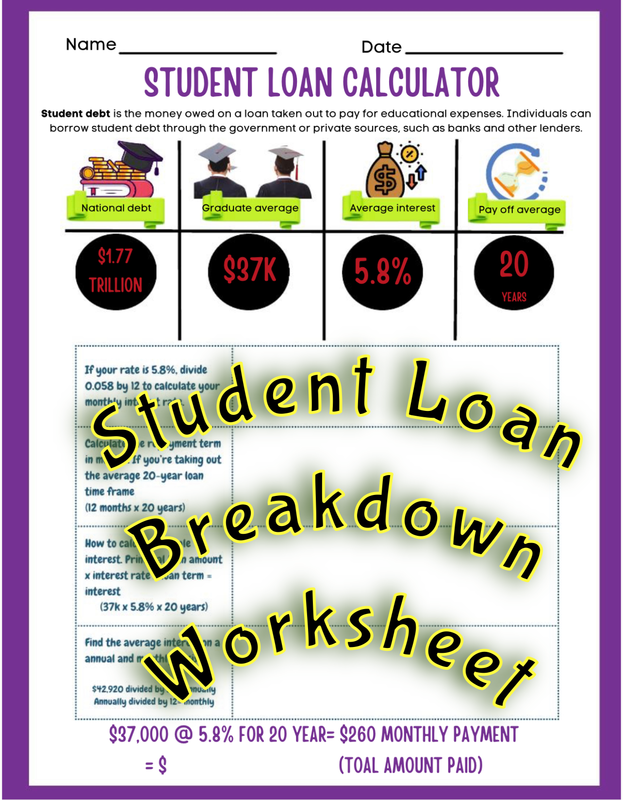 1 STUDENT LOAN BREAKDOWN WORK SHEET