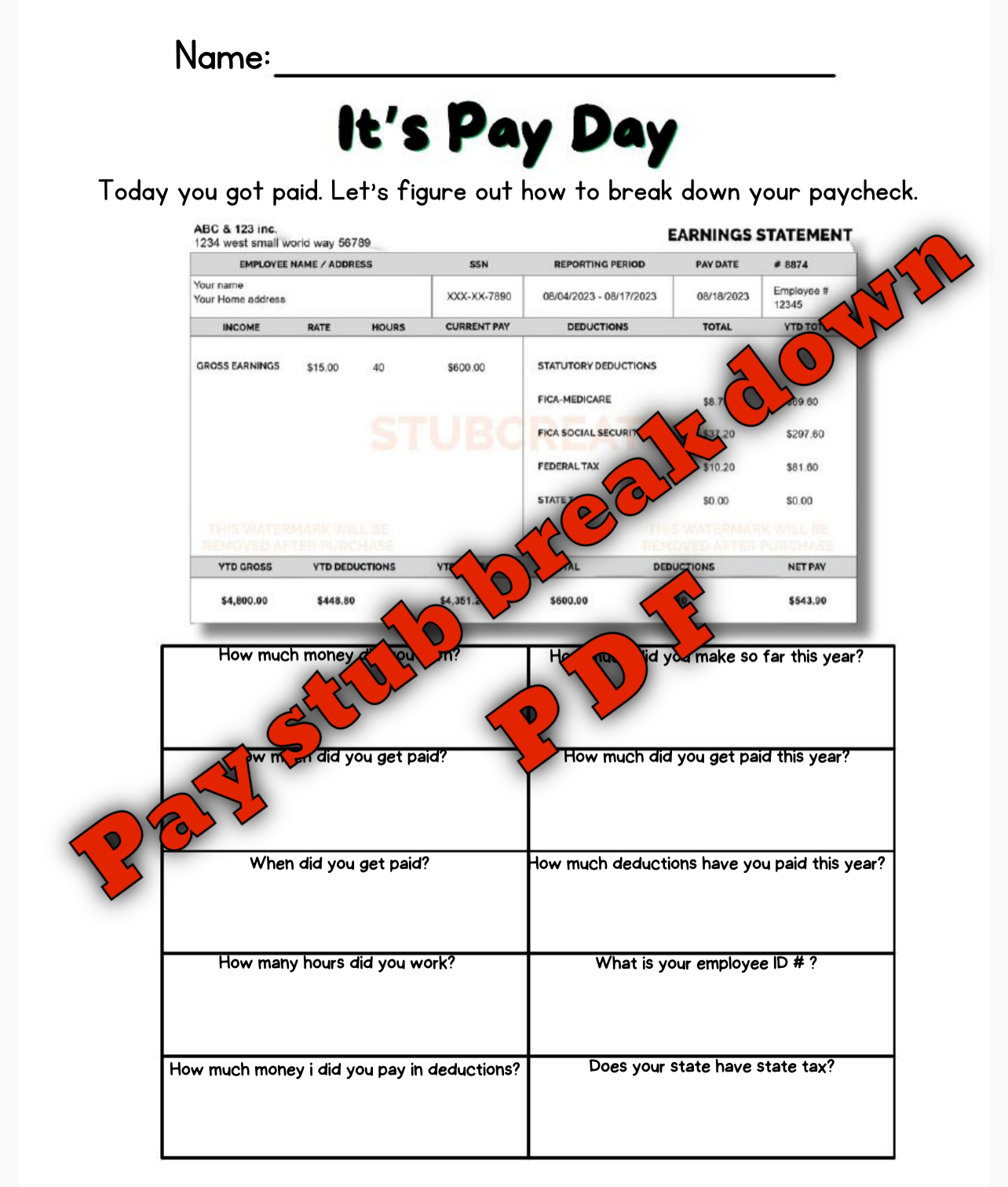 1 set of 2 PAY STUB BREAK DOWN AND VOCAB PDF SHEET