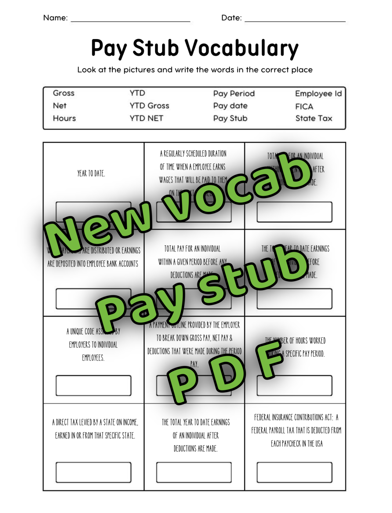 1 set of 2 PAY STUB BREAK DOWN AND VOCAB PDF SHEET